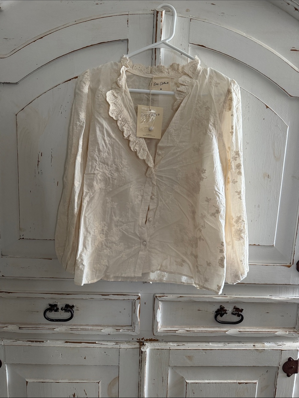 Ivory Lace-Trim Button Front Blouse by Love Claire
